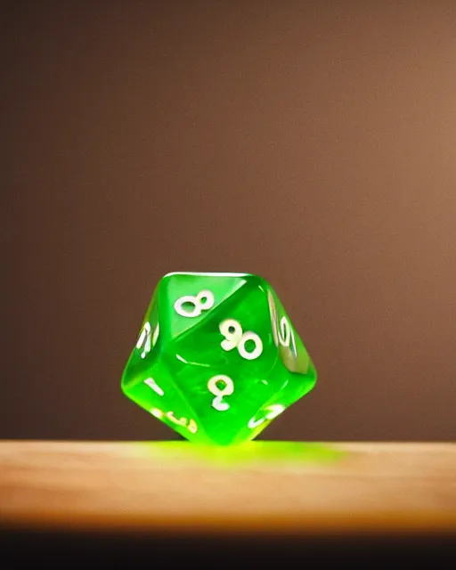 Prompt: a green translucent dice over a wooden desk, touched by a ray of sun dslr photo