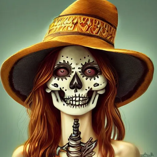 Image similar to cute & beautiful smiling undead skeleton girl wearing a sombrero, digital art, fantasy, painting, highly detailed, art by artgerm