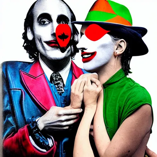 Prompt: richard hamilton and mimmo rottela and banksy as joaquin phoenix skinny joker holding hand lady gaga harley queen, ultra photorealistic, intricate details, pop art style, concept art, 3 colors, 4 d, smooth, sharp focus