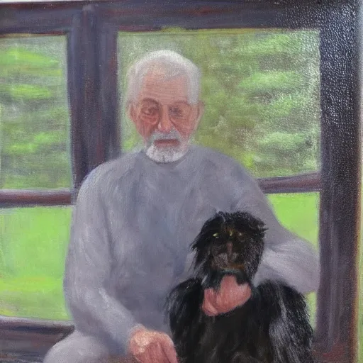 Prompt: an old man with a dog, impressionist, oil on canvas