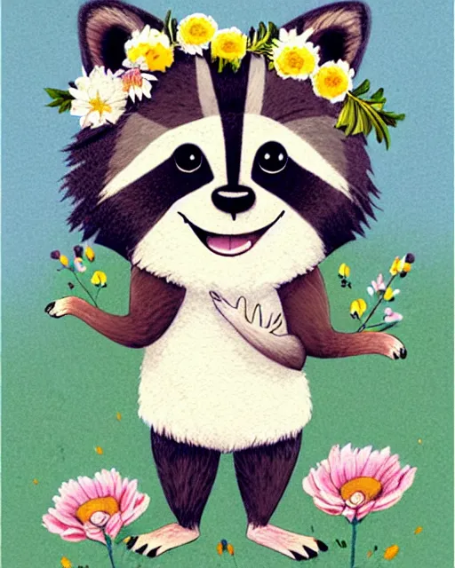 Image similar to a storybook illustration of a smiling happy cute raccoon wearing a flower crown, by antoine de saint - exupery and annabel kidston and naomi okubo and jean - baptiste monge. a child storybook illustration, muted colors, soft colors, low saturation, fine lines, white paper