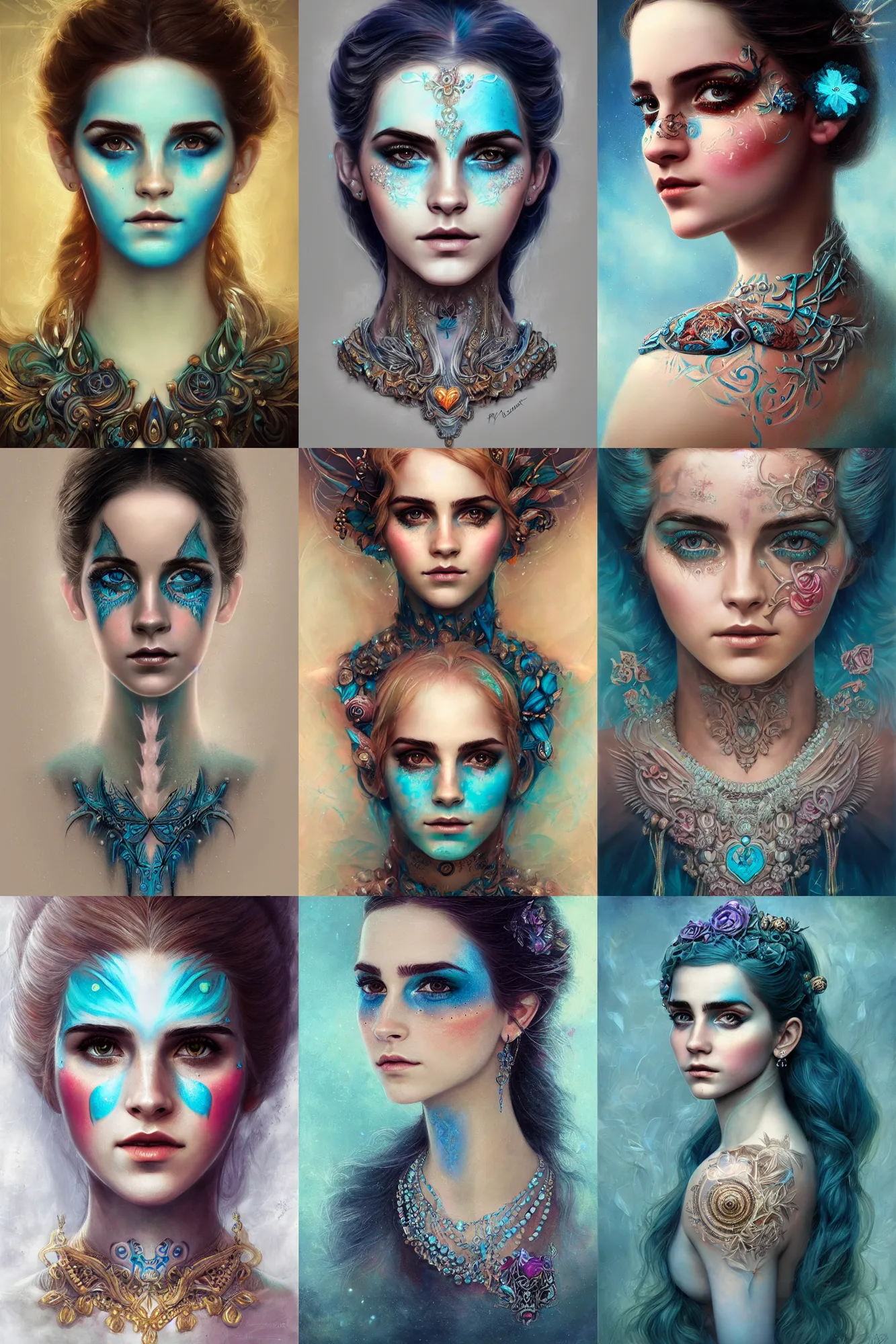 Prompt: portrait of cyan fairy, symmetric, facepaint facepaint facepaint, intricate jewelry, trending on artstation 4 k, high quality, in the style of karol bak, tom bagshaw, charlie bowater, bust with face of emma watson, tattoos