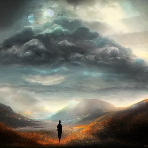 Image similar to concept art trending on art station detailed matte painting of a giant being meditation in the sky, dramatic, 8k, digital art