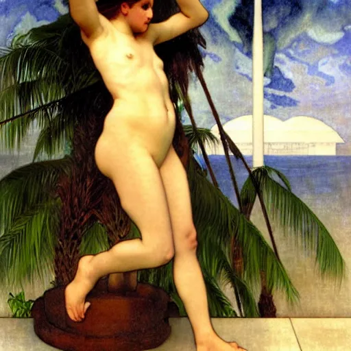 Image similar to Demon girl at the giant column, thunderstorm, greek pool, beach and palm trees on the background major arcana sky, by paul delaroche, alphonse mucha and arnold böcklin arnold böcklin hyperrealistic 8k, very detailed