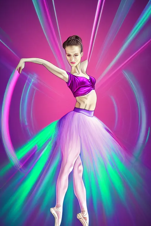 Image similar to a award winning half body portrait of a beautiful ballerina in a crop top and tutu with ombre purple pink teal hairstyle and hands in pockets by ari liloan, surrounded by whirling illuminated lines, outrun, vaporware, smooth, focus, shaded flat illustration, digital art, trending on artstation, highly detailed, fine detail, intricate