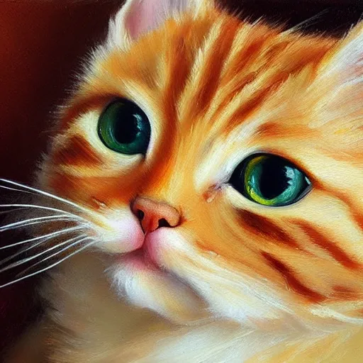 Image similar to knife palette oil painting of orange tabby kitten with golden eyes