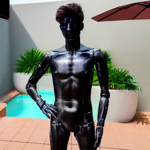 Image similar to a realistic detailed photo of a guy who is an attractive humanoid who is half robot and half humanoid, who is a male android, twitch stream ninja tyler blevins, shiny skin, posing like a statue, blank stare, by the pool, on display