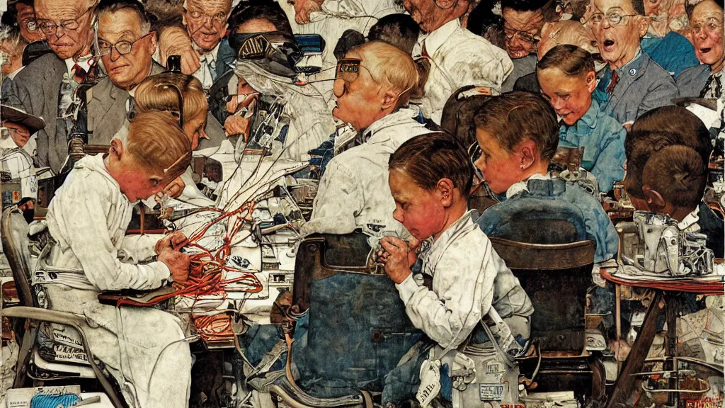 Prompt: many years gone, but wires are buzzed about the same things, digital art, illustration, highly detailed, art by norman rockwell