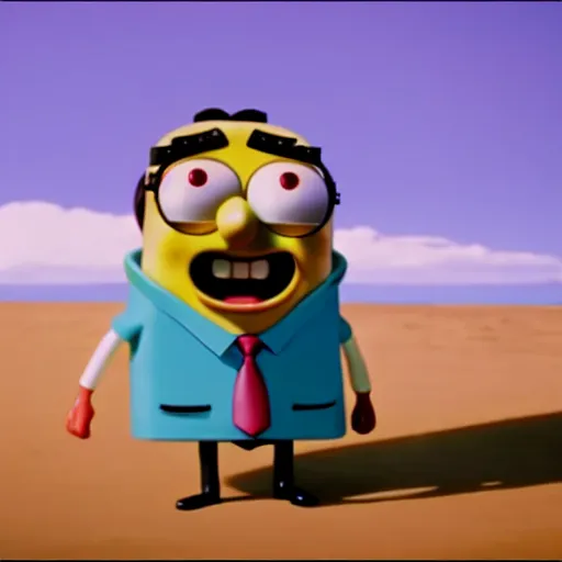 Prompt: mr. bean as spongebob. movie still. cinematic lighting.