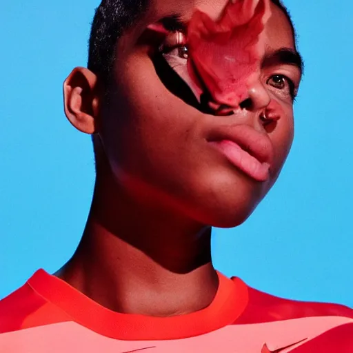 Image similar to realistic! photoshoot for a new nike lookbook, color film photography, portrait of a beautiful woman, red frontal light, in style of tyler mitchell, 35mm