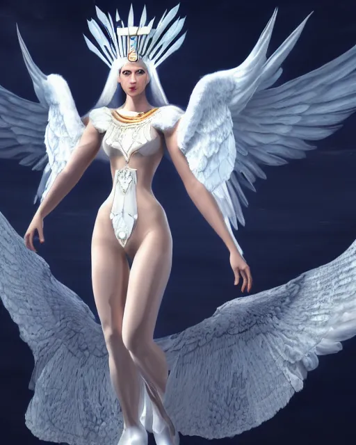 Prompt: perfect white haired egyptian goddess wearing white dove wings, warframe armor, regal, attractive, ornate, sultry, beautiful, charlize theron, half asian, pretty face, blue eyes, illuminated, scifi platform, 4 k, ultra realistic, epic lighting, cinematic, masterpiece, art by akihito tsukushi, voidstar, trending on artstation