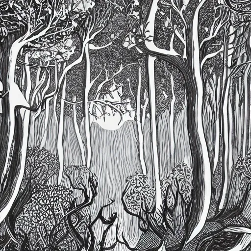 Prompt: bright forest illustration, 4k detailed, black ink on white paper, dark fantasy, white space in middle