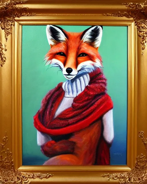 Image similar to oil painting portrait of anthropomorphic female fox animal dressed in sweater and scarf, fox animal, movie set in background, oil painting,