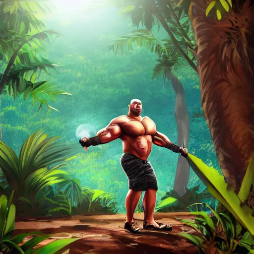 Prompt: a man with a big muscle holding a weapon in the middle of a jungle it's a sunny day and in the background there is a camp surrounded by a couple of trees digital concept art