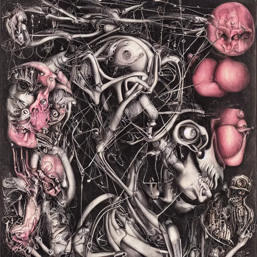 Prompt: post - punk pop techno new age album cover, asymmetrical design, alien? magic, apocalypse, psychedelic, highly detailed, black white pink, magic, giger h. r., giuseppe arcimboldo