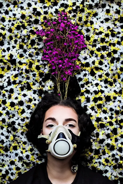 Image similar to a surreal portrait of a woman wearing gas mask blending into a wall of black flowers in the style of brooke didonato, editorial fashion photography from vogue magazine, full shot, nikon d 8 1 0, ƒ / 2. 5, focal length : 8 5. 0 mm, exposure time : 1 / 8 0 0, iso : 2 0 0