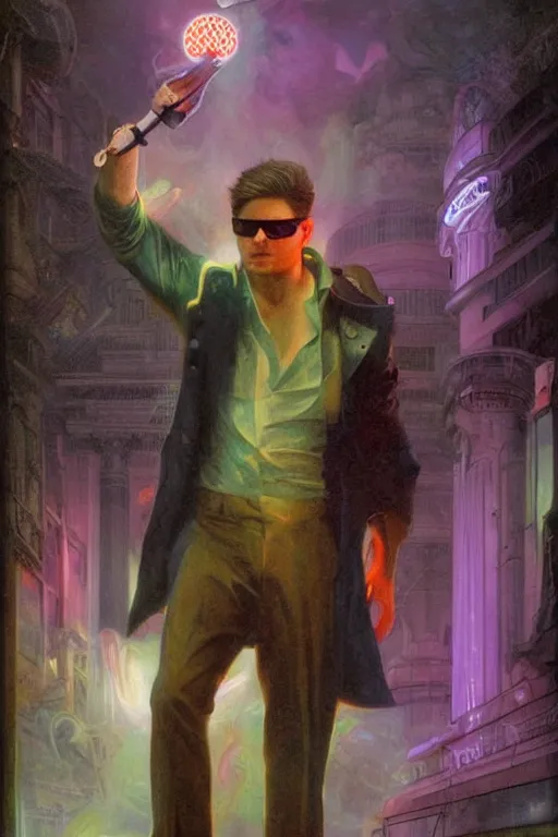 Prompt: a detailed full bodied marble sculpture of jensen ackles as time traveler stepping out of a futuristic neon colored car, holding a milkor mgl, wearing glowing neon shuttered 1 9 8 0 s glasses!!!!, aetherpunk, masterpiece, 8 k, art by greg rutkowski and albert bierstadt and arthur rackham and alphones mucha