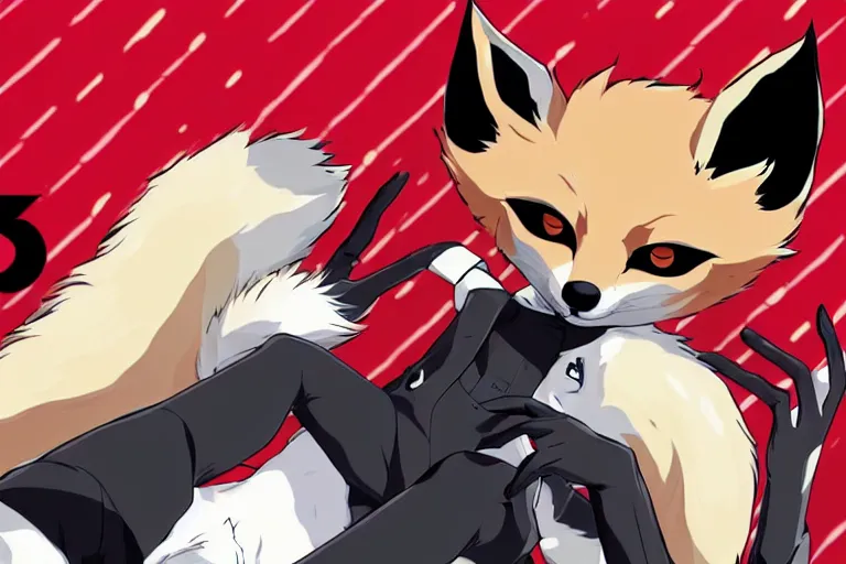 Image similar to a furry tan male fox on a persona 5 : royal ( by atlus ) video game splash screen, a furry male sandcolored tan fox fursona ( has hair ), persona 5 phantom thief style