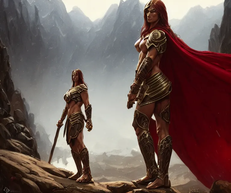 Image similar to epic portrait cinematic shot an spartan woman wearing bronze armor and a red cape, wet flowing brown hair, shiny skin, muscular, mountain backround, fine details. night setting. realistic shaded lighting poster by craig mullism, artgerm, jeremy lipkin and michael garmash, unreal engine, radiant light, detailed and intricate environment, digital art, trending on art station,