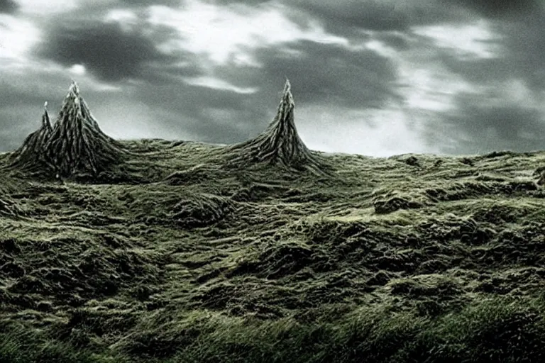 Image similar to movie still from the lord of the rings directed by ridley scott, landscape, the shire in the style of h. r. giger, grey sky overhead, metallic hobbit holes