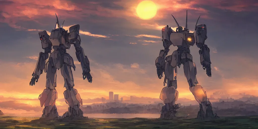 Image similar to Lone Mecha standing near the river, beautiful landscape made by Studio Ghibli, volumetric lighting, highly detailed art, Blissful landscape, ruined city in the background, Ayami Kojima, Yoshiyuki Sadamoto, Chen Chen, sunset, beautiful scene, sharp focus, smooth, 8k, anime art, depth of field, dynamic sky