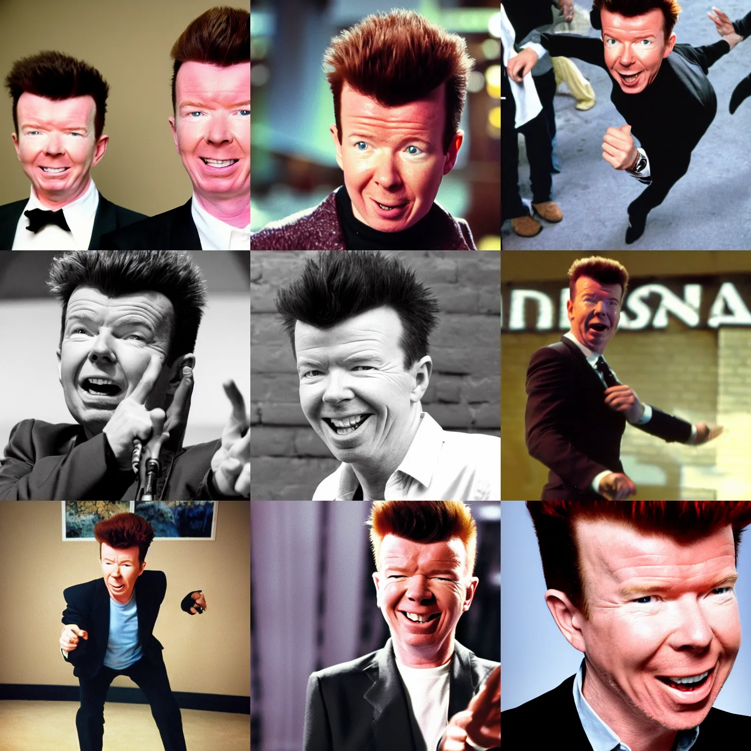 Prompt: Rick Astley running around and hurting you