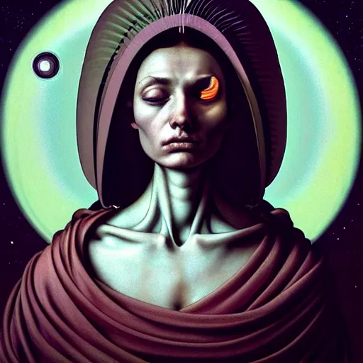 Prompt: Colour Caravaggio style Photography of Beautiful woman with highly detailed 1000 years old face wearing highly detailed sci-fi halo over her head designed by Josan Gonzalez. Many details . In style of Josan Gonzalez and Mike Winkelmann andgreg rutkowski and alphonse muchaand and Caspar David Friedrich and Stephen Hickman and James Gurney and Hiromasa Ogura. volumetric natural light