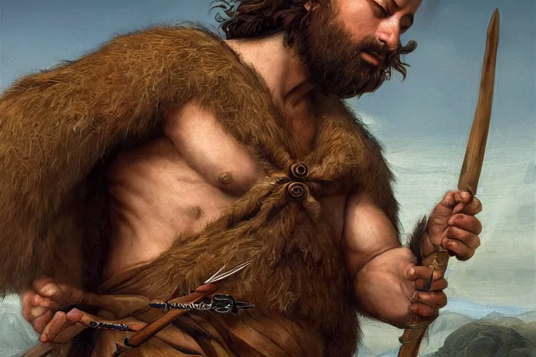 Prompt: renaissance full body portrait of a gruff ranger with a spear, lean and toned, handsome face, hairy chest and hairy body, D&D, intricate, elegant, highly detailed, digital painting, artstation, concept art, matte, sharp focus, chiaroscuro, well list, illustration, art by Da Vinci, Artgerm and Greg Rutkowski and Alphonse Mucha