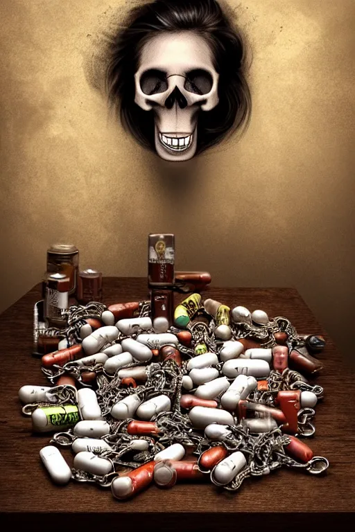 Image similar to beautifull and very tired womanlooking pile Off pills, drugs, cigarrette boxes and a skull on a wooden table, skull made out of smoke coming out of pills, fantasy, intricate, elegant, highly detailed, digital painting, artstation, concept art, addiction, chains, smooth, sharp focus, illustration, art by Ilja Repin