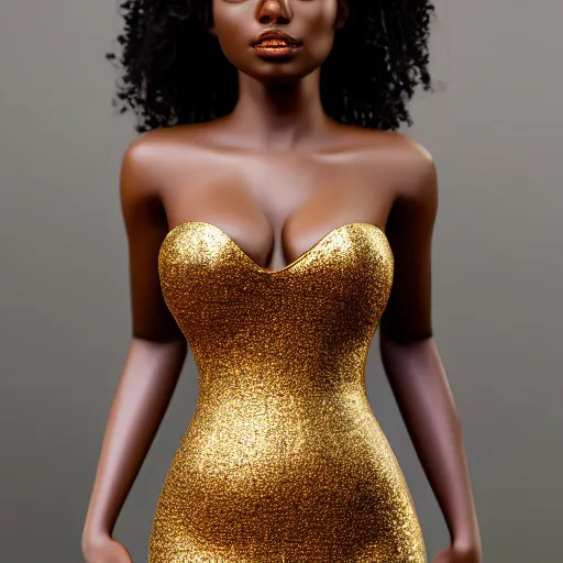 Image similar to stunning ebony goddess in shimmering low cut strapless dress, hyper realistic, 4 k