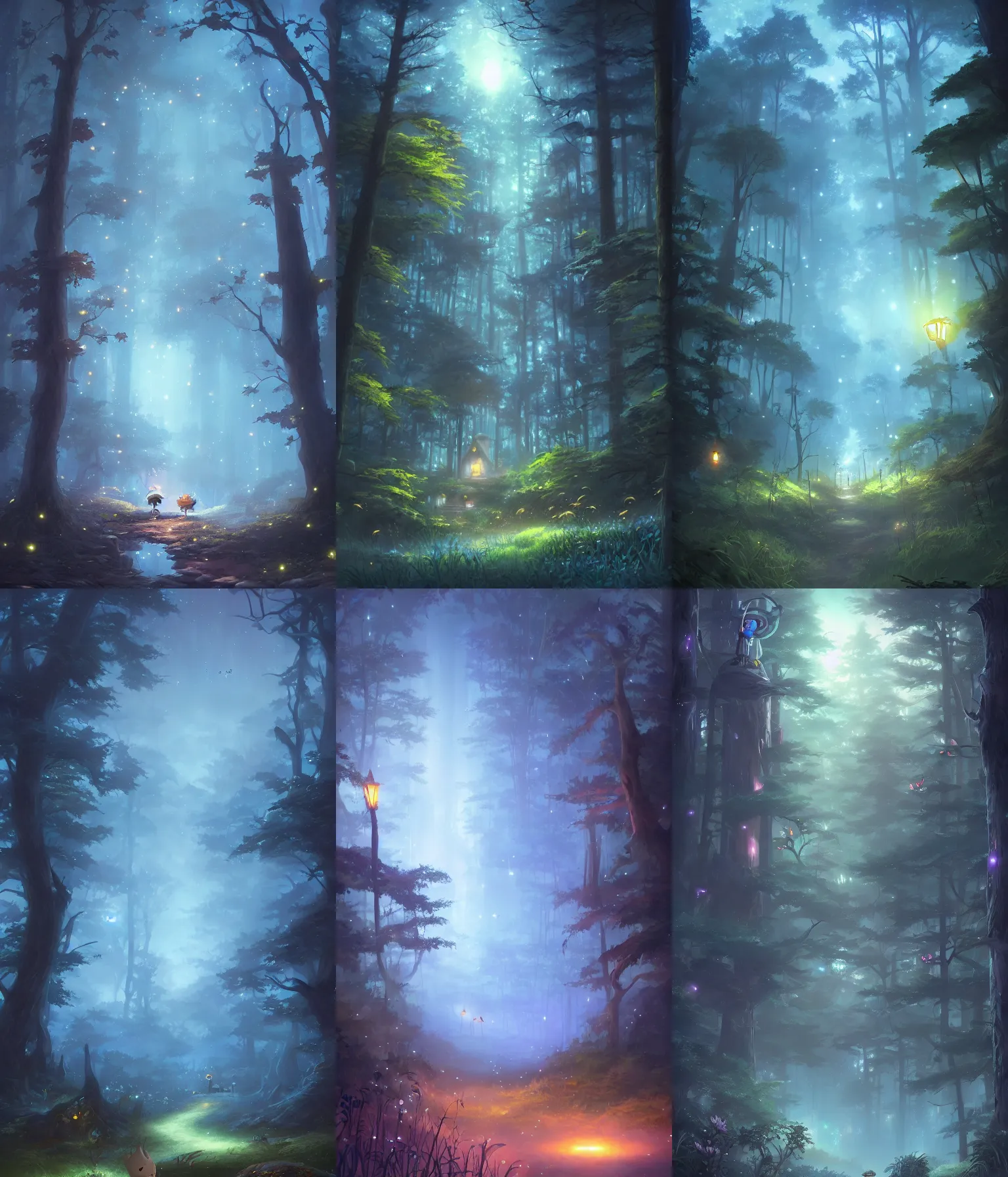 Prompt: magical forest with fireflies, fog, magical, night, very dark, blue, by tyler edlin and studio ghibli, artstation