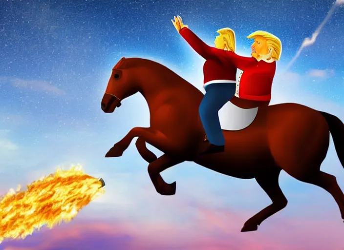 Image similar to obese donald trump riding a horse in the sky, lightning in background, shooting fireballs