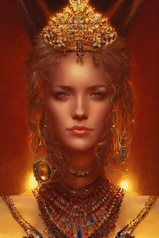 Image similar to portrait of majestic royal queen in her thrown with jewels, staring directly into camera, intricate, elegant, glowing lights, highly detailed, digital painting, artstation, sharp focus, illustration, art by wlop, mars ravelo and greg rutkowski