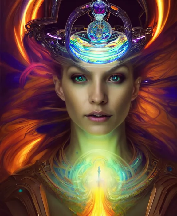 Image similar to a whirlwind of souls rushing inside the metaverse, half body, glowin eye, tiara with sapphire, pharaoh, android, cyborg, cyberpunk face, d & d, fantasy, intricate, elegant, highly detailed, colorful, vivid color, digital painting, artstation, concept art, art by artgerm and greg rutkowski and alphonse mucha and ruan jia