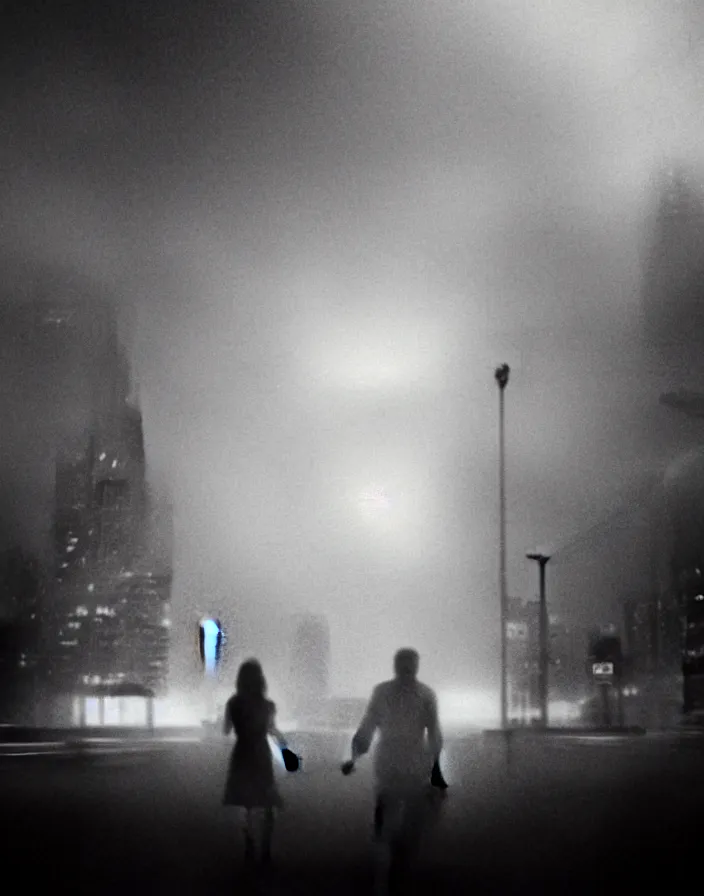 Image similar to very low - resolution found footage of a couple escaping in the city from a starfish kaiju monster, fog, foggy, korean film noir, monochrome, red hue, thriller, underdeveloped, epic, dramatic