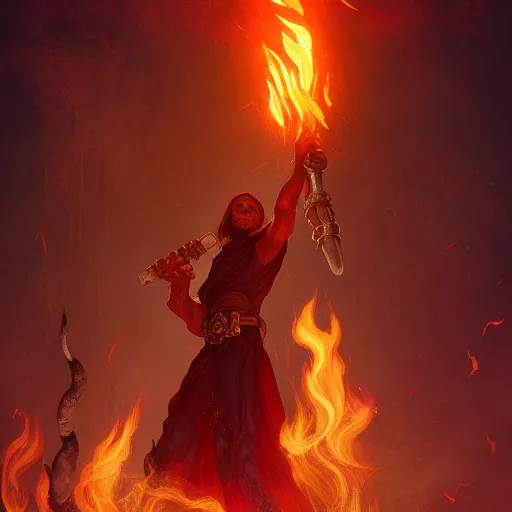 Image similar to a pyromancer is with fire , medium level shot , epic scene, Mucha style , Grim fantasy, illustration ,concept art,