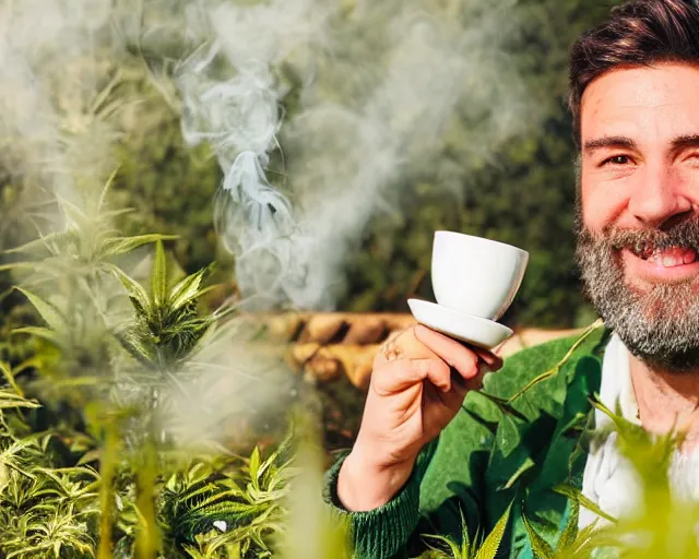 Image similar to mr robert is drinking fresh tea, smoke weed and meditate in a garden from spiral mug, detailed smiled face, short beard, golden hour, red elegant shirt