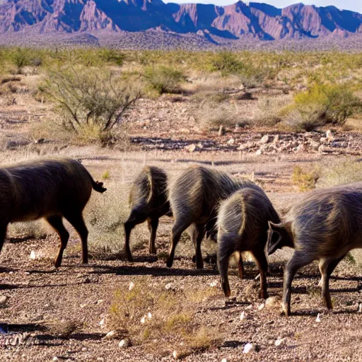 Image similar to photo of a pack of wild pigs, in the Texas desert, cactus, desert mountains, big bend, 50mm, beautiful photo,