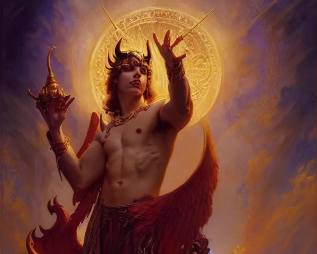 Image similar to attractive male deity, casting demonic magic, summoning handsome lucifer morning star. highly detailed painting by gaston bussiere, craig mullins, j. c. leyendecker 8 k