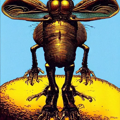 Prompt: giant humanoid fly against dark background, fluid, smooth, organic, crazy, high contrast, sharpness, dramatic, by siudmak and richard corben and moebius