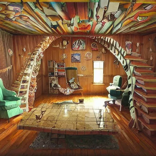 Prompt: photo of furniture upside down in a house inspired by jacek yerka, cinematic