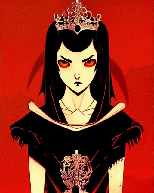 Image similar to beautiful teen vampire princess with tiara, symmetrical face, evil, portrait, cinematic, dramatic, powerful, super detailed and intricate, by koson ohara, by darwyn cooke, by greg rutkowski, by satoshi kon