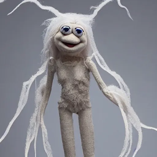 Prompt: ethereal ghostly live action muppet wraith like figure with a parasitic squid head with two large fuzzy moth antennae, four long tentacles for arms that flow gracefully at its sides, with a long fuzzy snake tail instead of legs, it stalks around the frozen tundra searching for lost souls and that hide in the shadows in the trees, this character uses hydrokinesis and electrokinesis, it is a real muppet by sesame street, photo realistic, real, realistic, felt, stopmotion, photography, sesame street