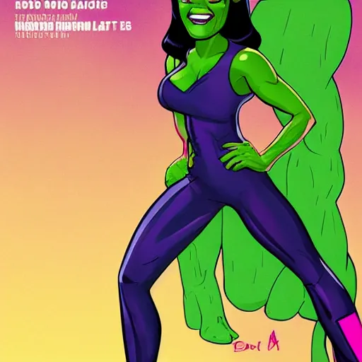 Image similar to Actress Zoe Saldana as She-Hulk, smiling, poster framed, comic pinup style, sports illustrated, detailed legs, artstation, illustration, posterized, Roge Antonio, Jen Bartel