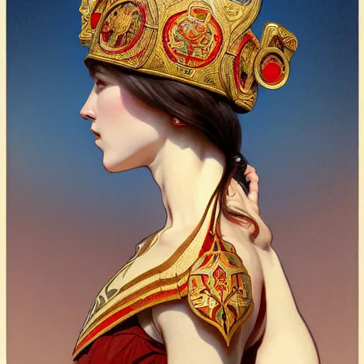 Prompt: a portrait of a female, upper half portrait, decorated with soviet motifs, russian soviet motifs, soviet, traditional russia, intricate, elegant, highly detailed, symmetry, headpiece, digital painting, artstation concept art smooth sharp focus, illustration, art by artgerm and greg rutkowski alphonse mucha 8 k