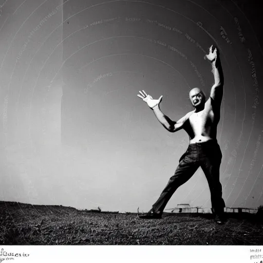 Prompt: Real photography of a man giving the back to the camera waving hands in the air in Josef Koudelka styke grain black and white-n 4