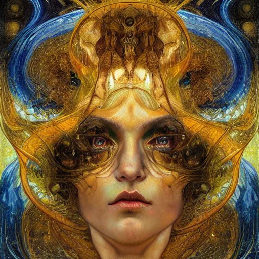 Image similar to Divine Chaos Engine portrait by Karol Bak, Jean Deville, Gustav Klimt, and Vincent Van Gogh, celestial, visionary, sacred, fractal structures, ornate realistic gilded medieval icon, spirals, mystical