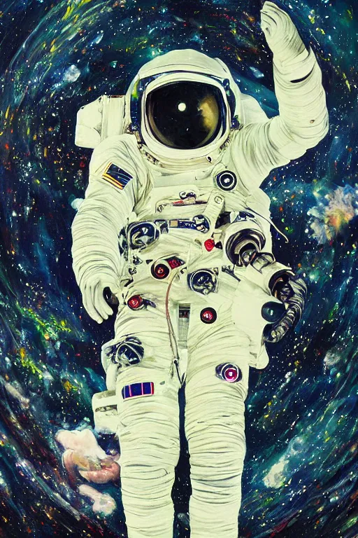 Image similar to a beautiful glitched painting by robbie trevino of a cosmonaut in space suit falling into a dark abyss