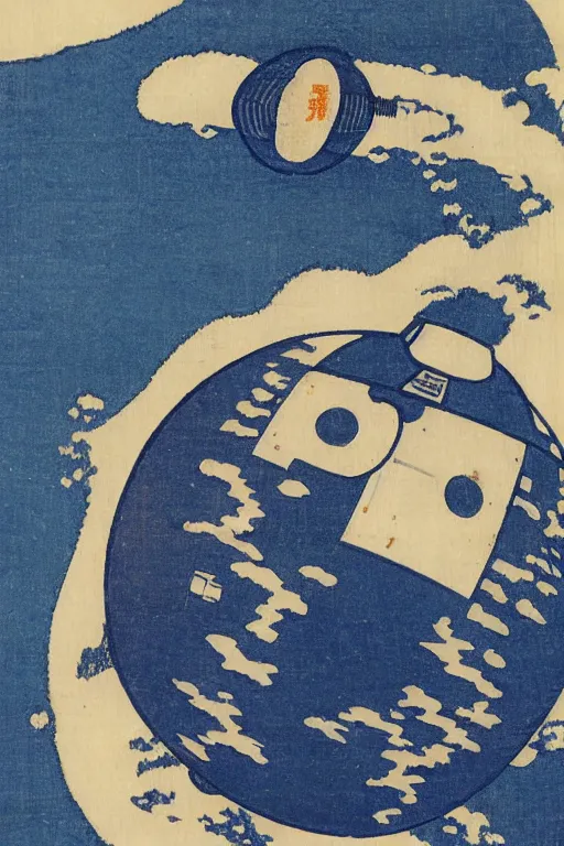 Image similar to Japanese woodblock print of r2d2, hokusai