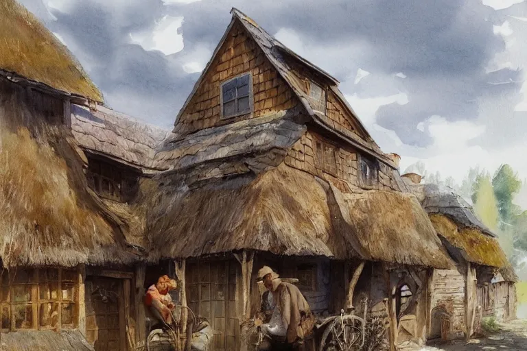 Prompt: watercolor painting of rustic village street, straw roof, scandinavian mythology, ambient lighting, art by hans dahl, by jesper ejsing, art by anders zorn, wonderful masterpiece by greg rutkowski, cinematic light, american romanticism by greg manchess, creation by tyler edlin